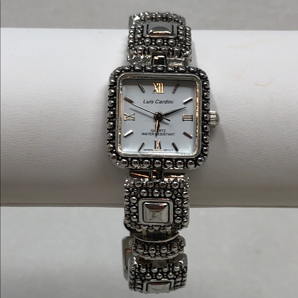 Luis Cardini Watch Square Quartz Silver Tone Caviar Stretch Band Water Resistant
